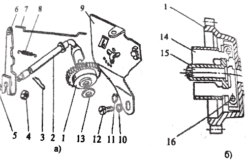 Рис. 15. Элементы центробежного регулятора (а) и шестерня регулятора в разрезе (б)