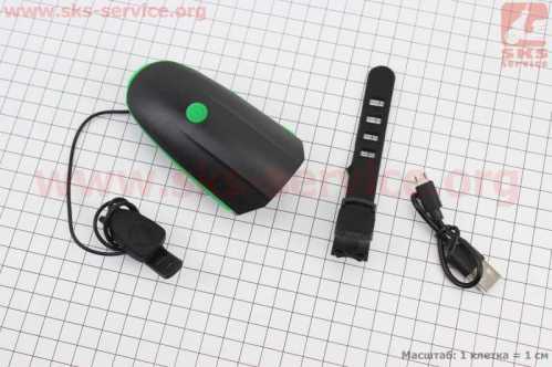 Фонарь передний 1 диод+звонок 4 мелодии, Li-ion 3.7V 1200mAh зарядка от USB, влагозащитный, чёрно-зелёный FY-058/7588