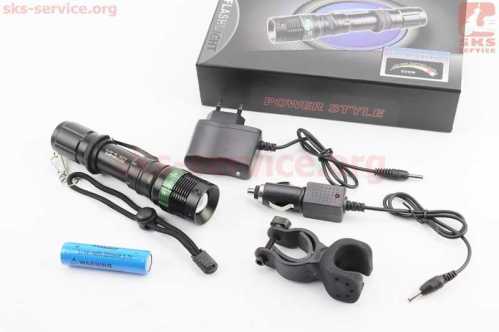 Фонарь передний 1 диод 500W алюминиевый, Li-ion 3.7V 3200mAh с зарядками авто/220V, влагозащитный, чёрный BL-8373