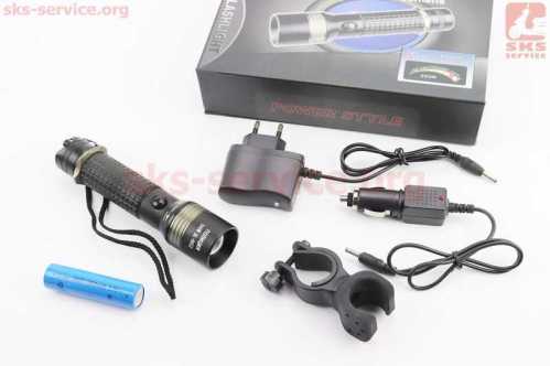 Фонарь передний 1 диод 2000 lumen алюминиевый, Li-ion 3.7V 4200mAh с зарядками авто/220V, влагозащитный, чёрный BL-8652