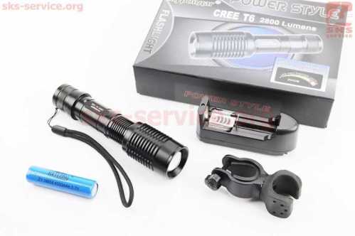 Фонарь передний 1 диод 2800 lumen алюминиевый, Li-ion 3.7V 4200mAh с зарядкой, влагозащитный, чёрный BL-1836
