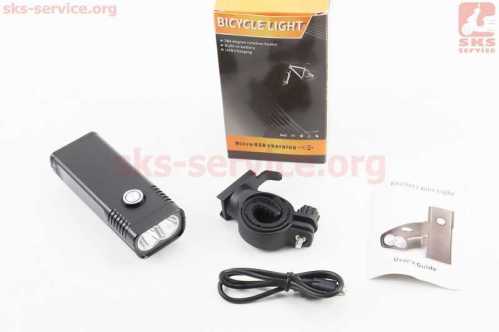 Фонарь передний 2 диода 450 lumen алюминиевый, Li-ion 3.7V 2000mAh зарядка от USB, влагозащитный, чёрный NX2