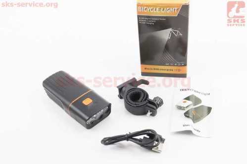 Фонарь передний 3 диода 800 lumen+Power Bank, Li-ion 3.7V 2000mAh зарядка от USB, влагозащитный, чёрный TK3