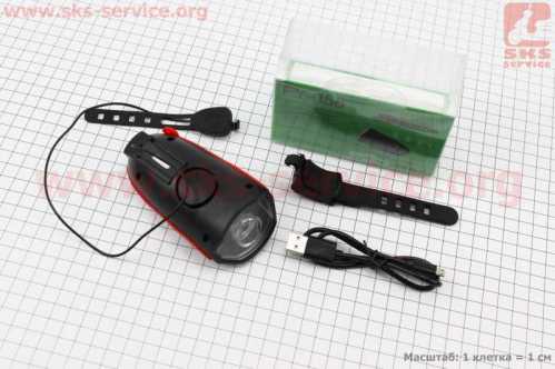 Фонарь передний 1 диод+звонок 4 мелодии, Li-ion 3.7V 1200mAh зарядка от USB, влагозащитный, чёрно-красный FY-058/7588