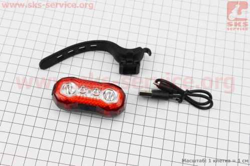 Фонарь задний 4 диода 100 lumen, Li-ion 3.7V 630mAh зарядка от USB, влагозащитный, HJ-037